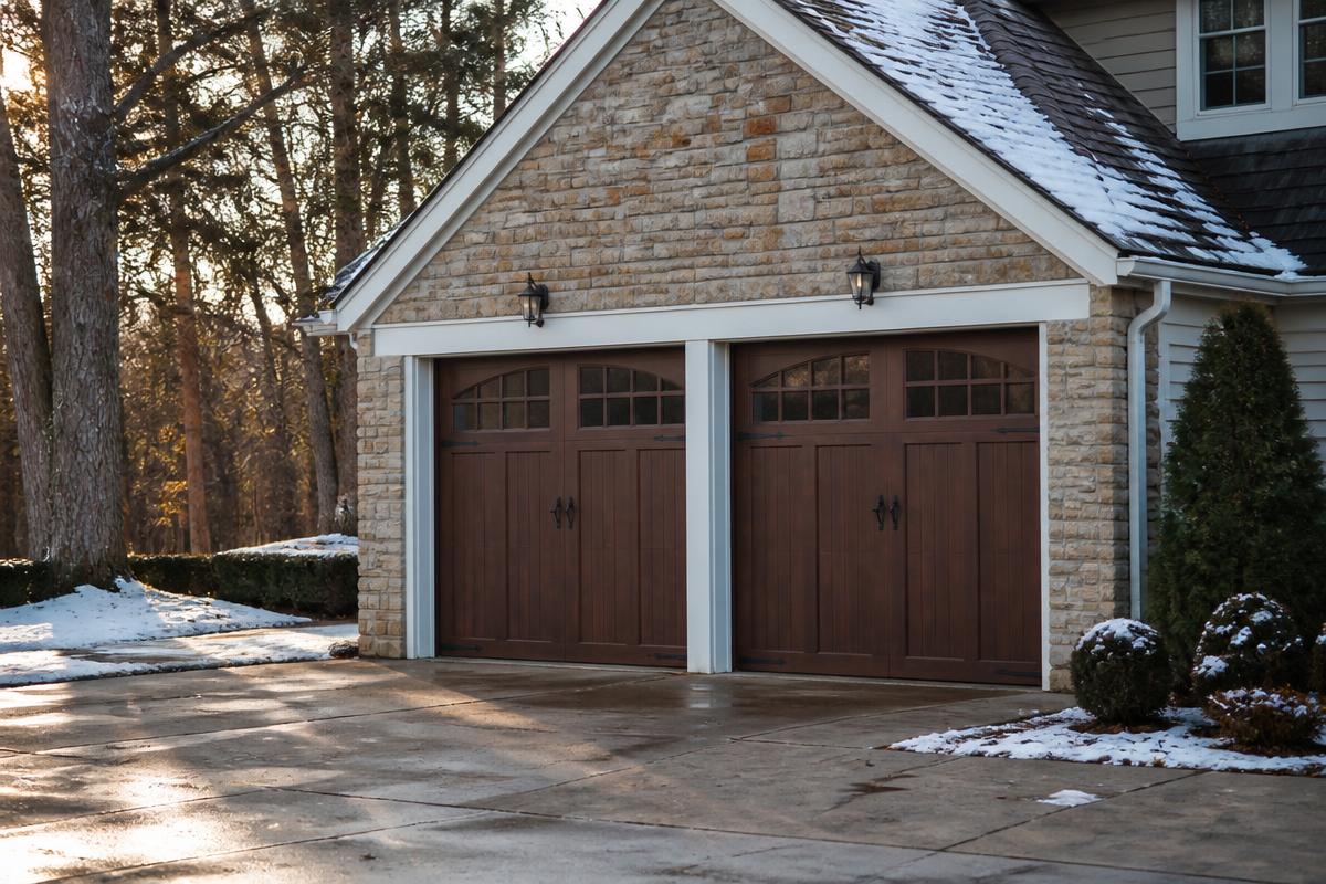 Carriage-style wood garage doors on a Northeast Ohio home with light snow on the ground