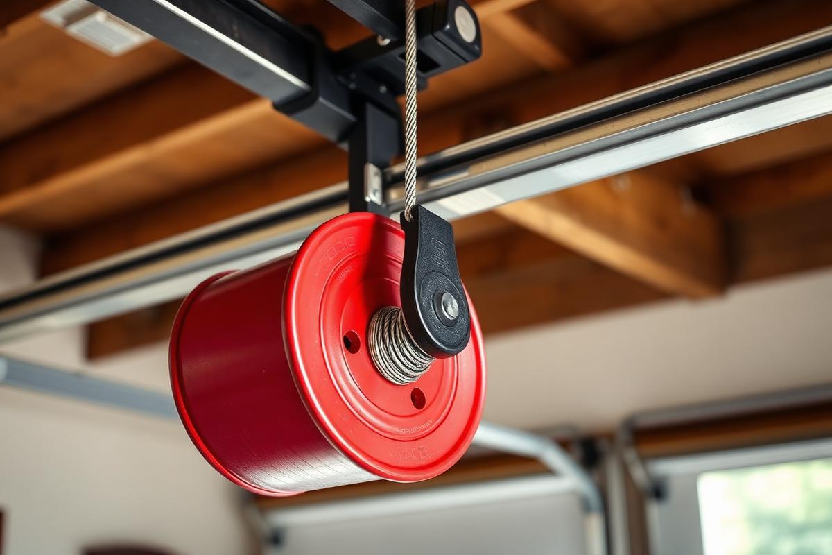 Garage door lift cable wound on a red cable drum above the track