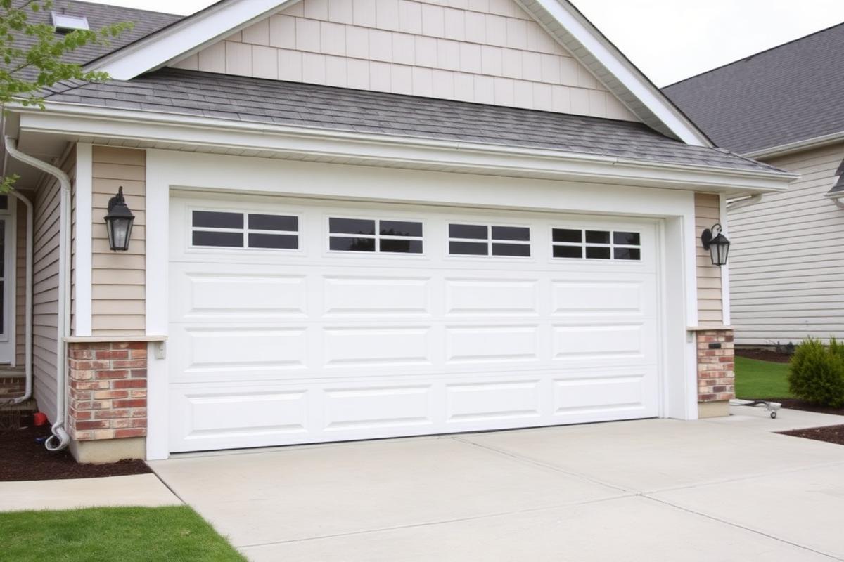 Newly installed white sectional garage door on a suburban home