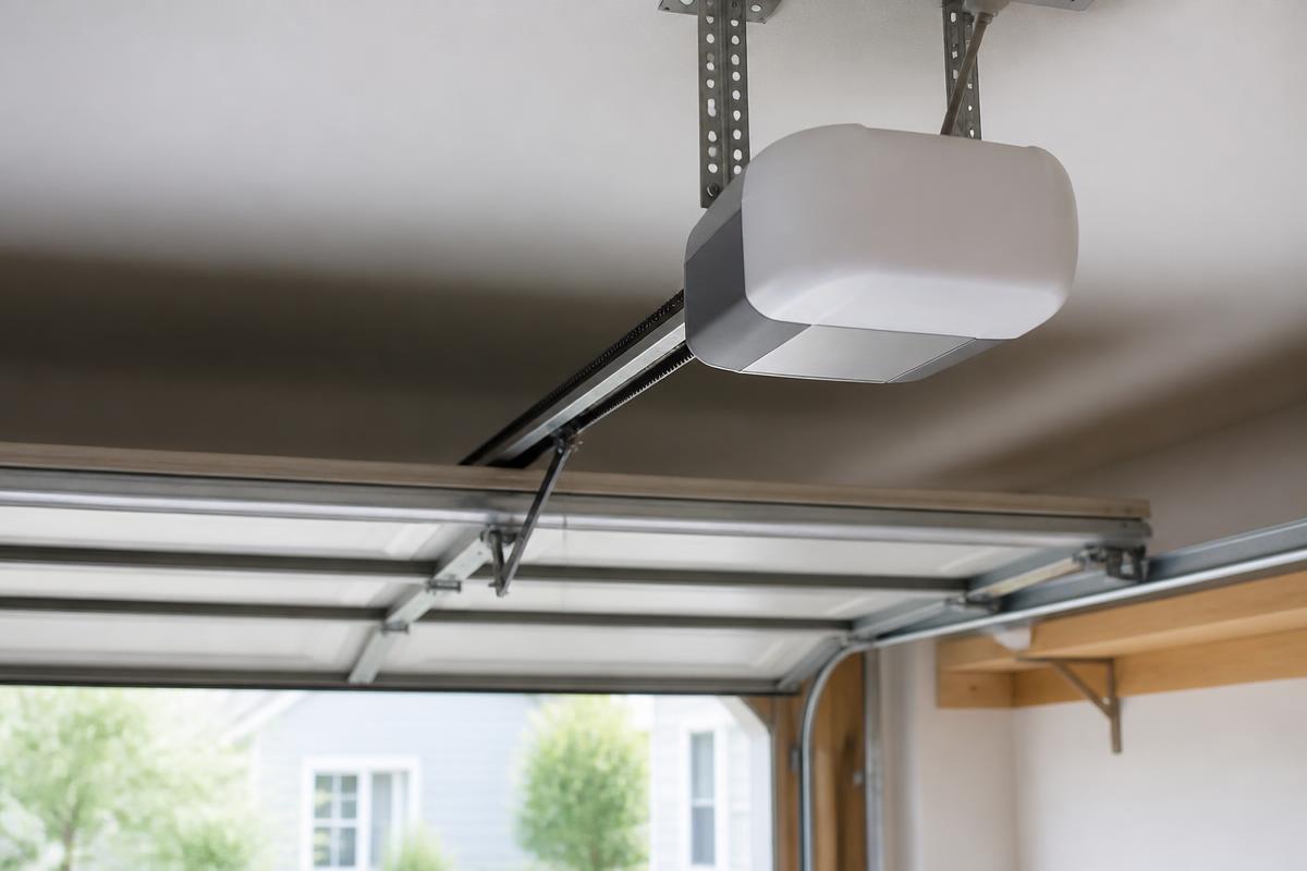 Ceiling-mounted belt drive garage door opener inside a residential garage