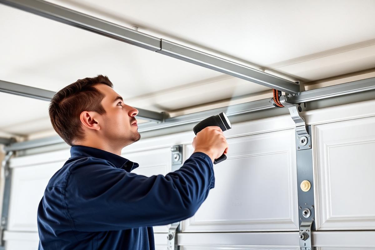 Technician inspecting the track, rollers and hinges of a white residential garage door