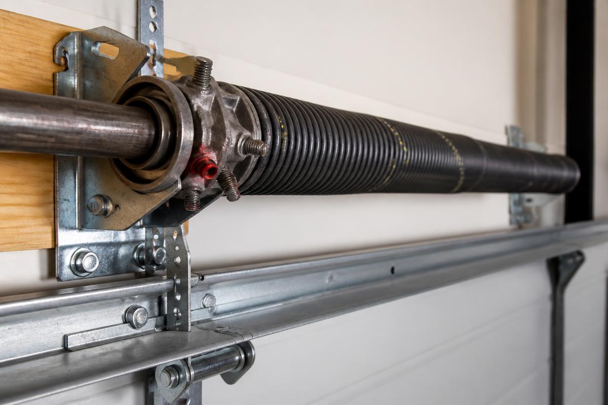 Close-up of a garage door torsion spring and shaft mounted above the door opening
