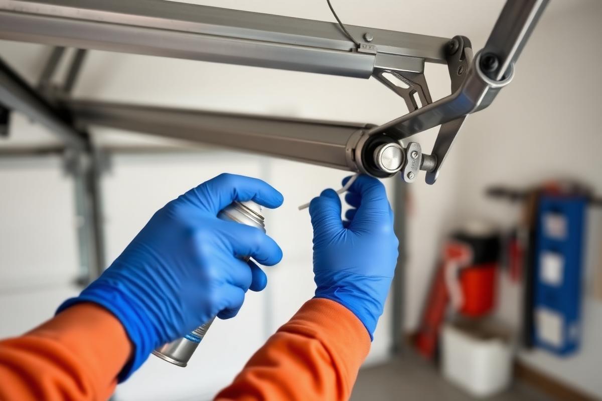Gloved hands lubricating a garage door hinge and roller during a maintenance tune-up